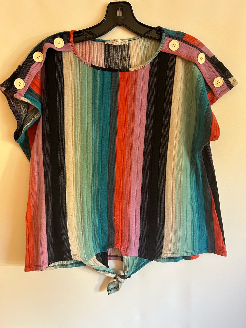 MODERN ATTRACTION COLORFUL VERTICAL STRIPE-TIE HEM BUTTON SHOULDER TOP BOHO XL